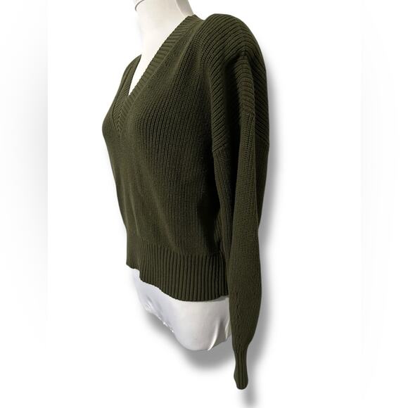 Pistola brand revolve Camille Green V-Neck Sweater with strong Shoulders cotton - Picture 5 of 8